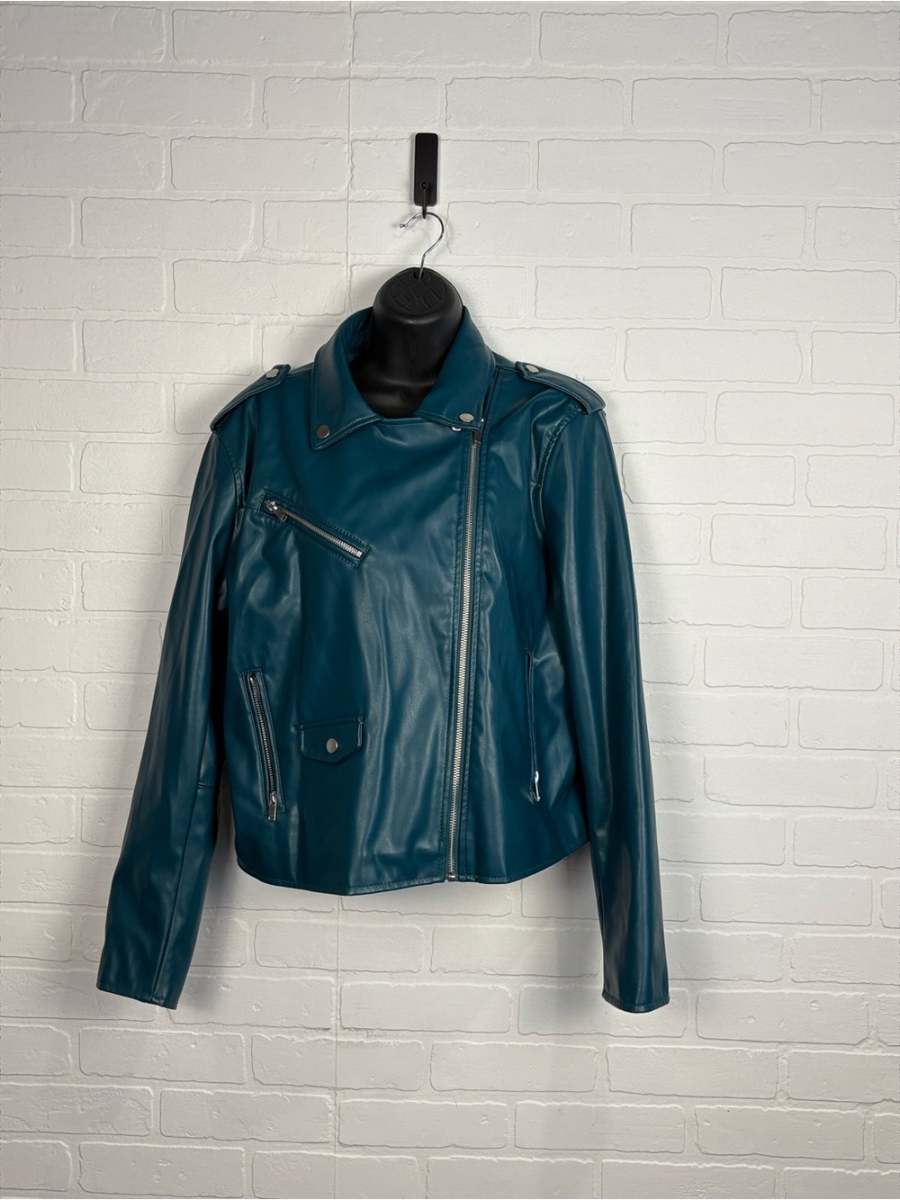 Nine West Teal Faux Leather Moto Biker Jacket Silver Hardware Women Size XXL